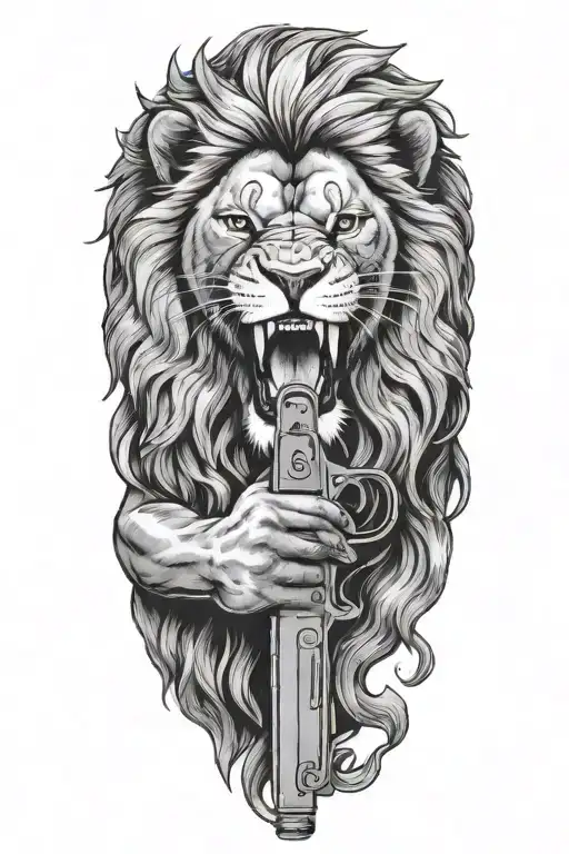 A Fierce Lion Holding A Gun In Its Mouth Surrounded