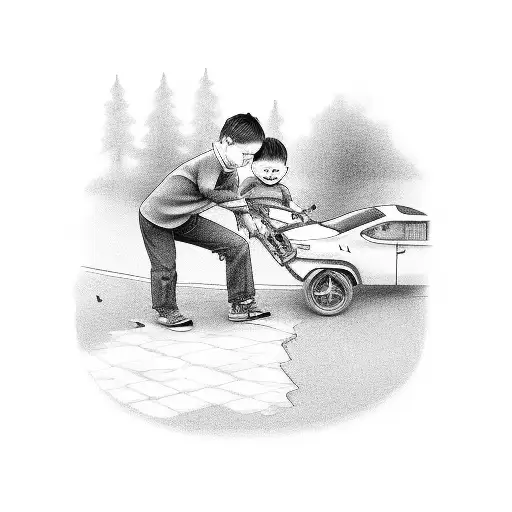 Line Art Family Of Five A Boy Pulling A Car Toy