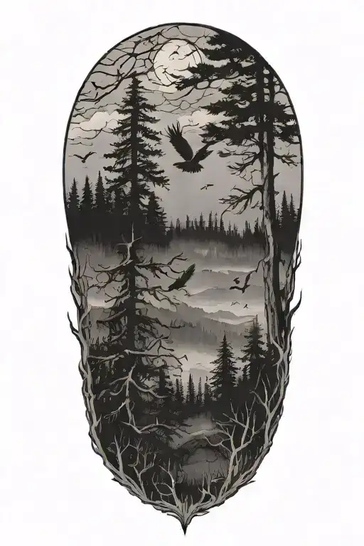 Haunted Forest Scene Featuring Crows Flying In The Distance