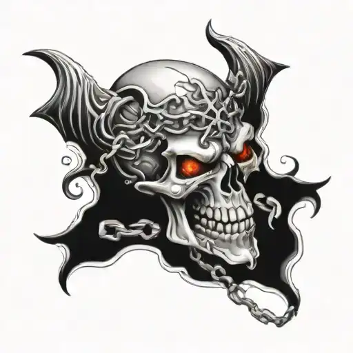 A Demonic Skull With A Chain Coming Out Of Its Mouth With Fiery Eyes