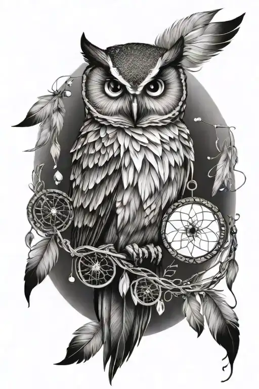 A Beautiful Owl And A Dream Catcher Below