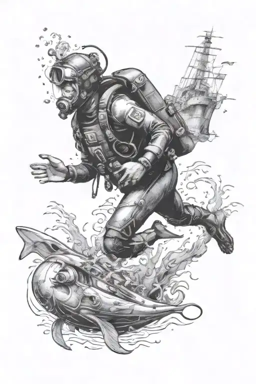 A Vintage Diver Under Water With A Shipwreck In The Backgtround