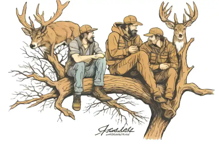 Father And Son Sitting In A Tree Stand Hunting With A Deer Underneath Them