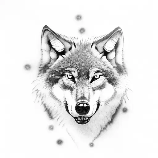 Wolf Howling At A Molecular Structure In Blackwork Style