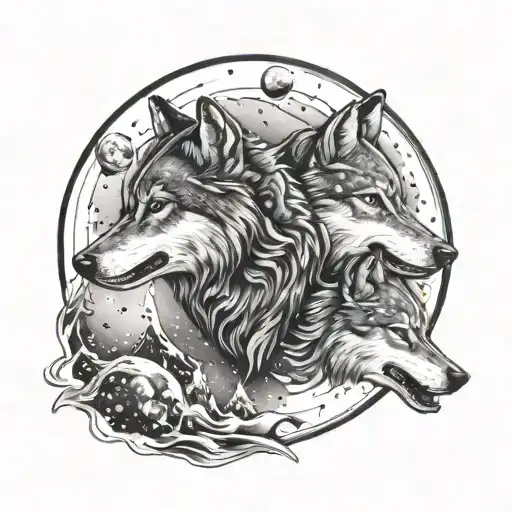 A Cosmic Tattoo Featuring A Galaxy With Wolves Howling At The Moon