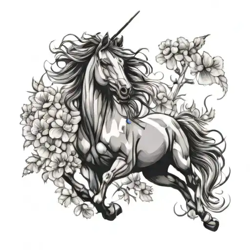 A Black-grey Tattoo Of A Majestic Mustang Galloping Through A Field Of Flowers