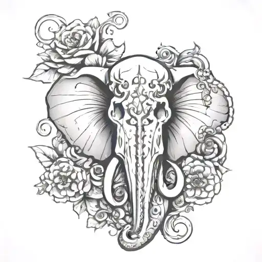 Elephant Octopus Hybrid Animal Skull With Tenticles Surrounded By Gothic Inspired Flowers & Theme