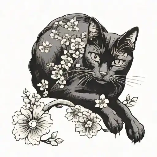 Black Cat With Sakura Flowers