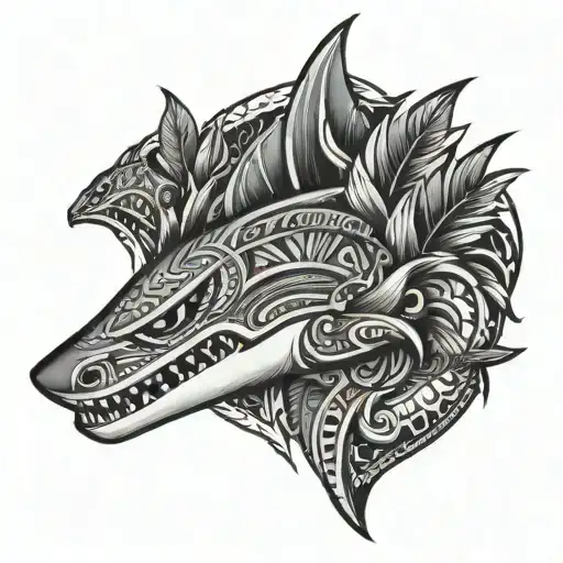 A Tribal-inspired Pattern Incorporating Shark Teeth And Feathers In A Black And Grey Style