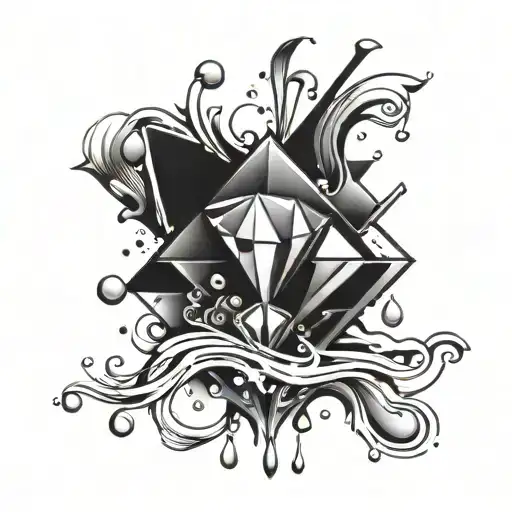 A Geometric Diamond Tattoo With Abstract Elements And With Waterdrops And Flowing Water