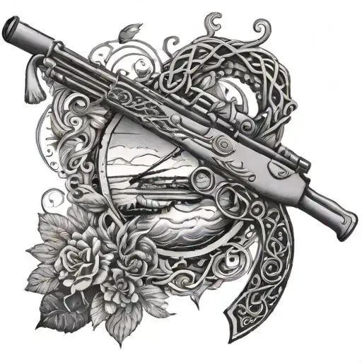 An Intricate Design Featuring A Rifle Intertwined With Fishing Hooks And Outdoor Scenery