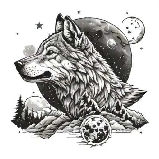 A Cosmic Tattoo Featuring A Galaxy With Wolves Howling At The Moon