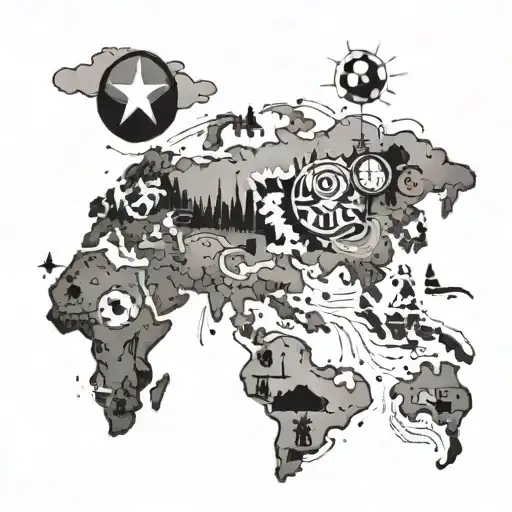A Black-grey Tattoo Of A World Map With Football Icons Marking Scouting Locations