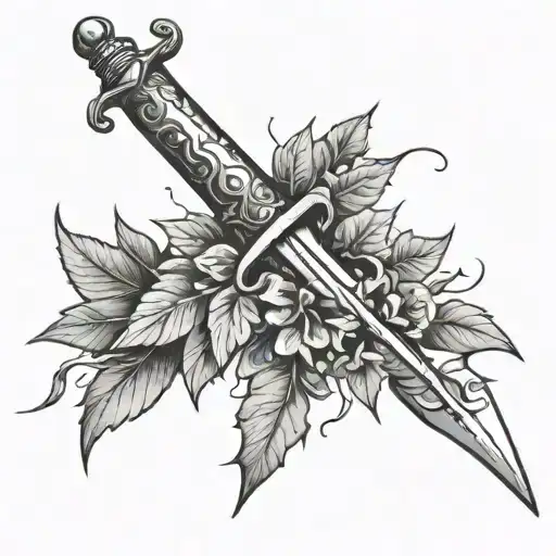 Traditional Dagger With Leaves And Branches Growing Behind