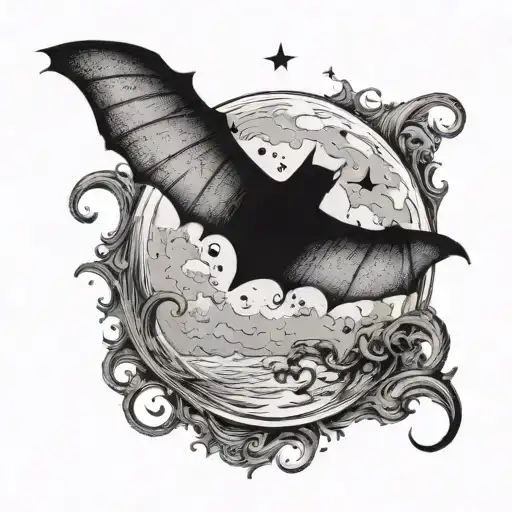 Create A Tattoo Of A Bat Flying Over A Semi Colon-shaped Moon