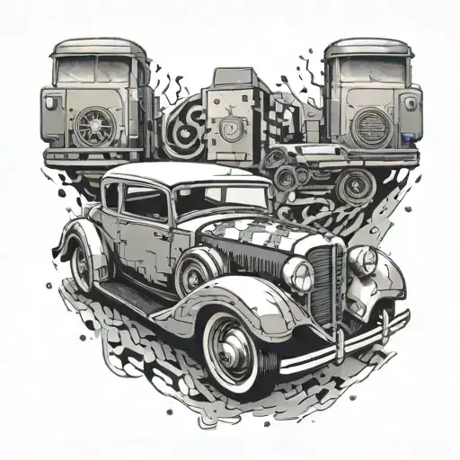 A Vintage Car With Pixelated Game Elements Integrated Into The Design