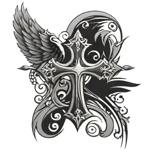 Tribal Cross With Black Wings Chest Tattoo Design Featuring