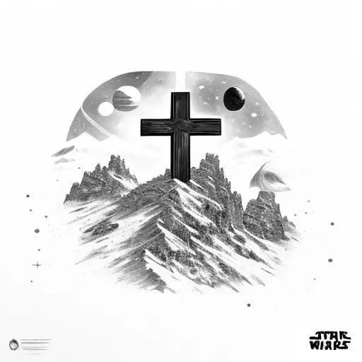 Cross On Mountain With Space And Starwars
