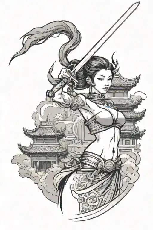 Woman With Sword And Chinese Temple In The Background