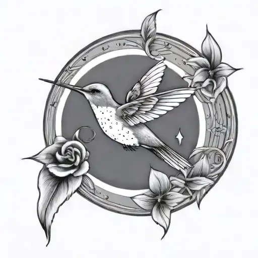 Black Circle With Flying Hummingbird And Stars In It