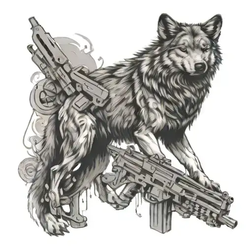 A Dynamic Composition Of A Wolf Surrounded By Guns And Outdoor Elements In A Black-grey Style