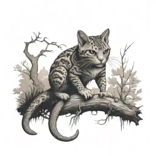 A Tattoo Design Of A Cat And A Bearded Dragon Exploring A Dark Forest