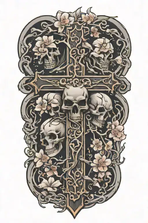 Cross With Cherry Blossom Tree And Skulls Surrounded