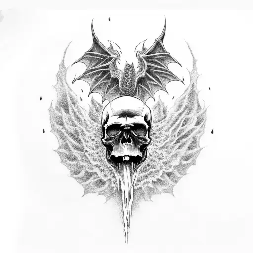 Skull Engulfed In Flames With Dragon Wings