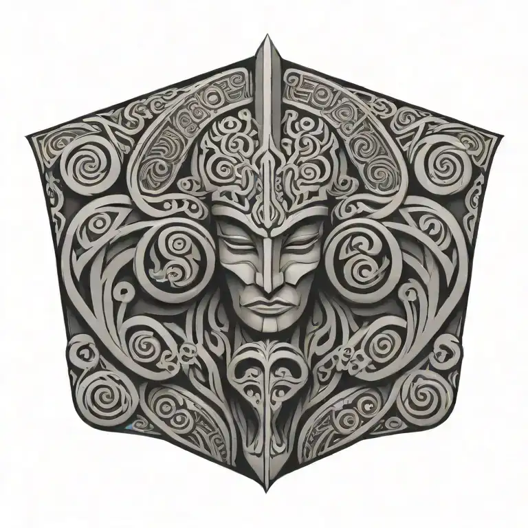 A Combination Of Maori Patterns And Soldier Symbols In A Black-grey Tattoo Design