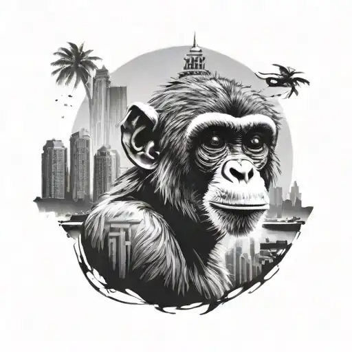 A Realistic Black And Grey Tattoo Of A Monkey In A Dubai Cityscape