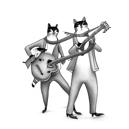 A Cat Playing A Guitar In A Jazz Band With Penguins As The Audience