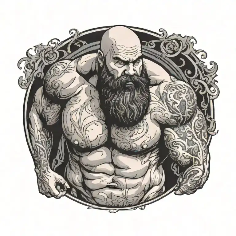 Bearded And Bald Muscle Man With Belly