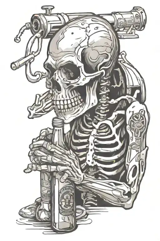 Sceleton Sniffing Coke Line And Holding Bottle Of Vodka