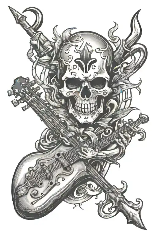A Skull With Devil Horns And Musical Instruments As Crossbones