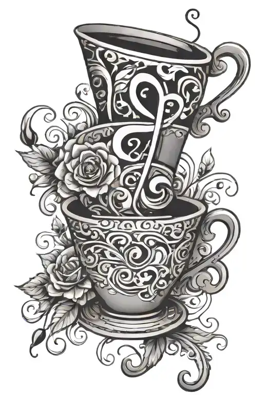 A Coffee Cup With A Music Note Handle And Floral Designs