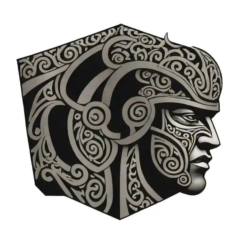 A Combination Of Maori Patterns And Soldier Symbols In A Black-grey Tattoo Design