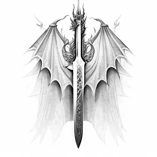 Dragon Flaring Wings Wrapped Around A Sword