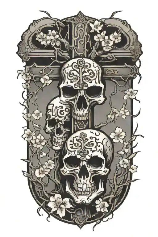 Cross Upside Down With Cherry Blossom Tree And Skulls Surrounded
