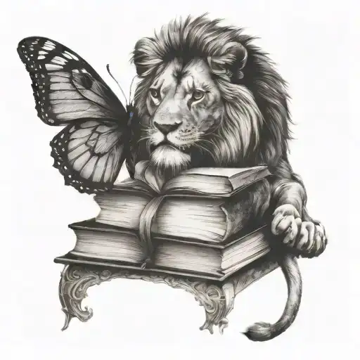 A Stack Of Books With A Lion And Butterfly Motifs Intertwined