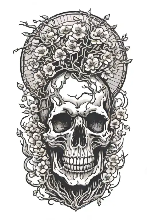 Skull Shooting Itself And Cherry Blossom Tree Growing Out Of The Top Of The Head