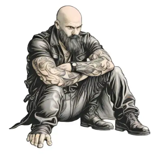 Bald Man In Leather Pants Only With Beard