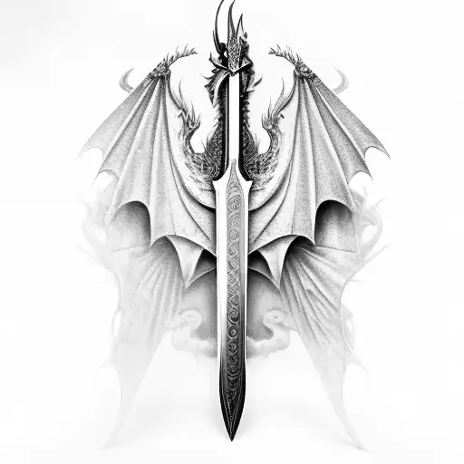 Dragon Flaring Wings Wrapped Around A Sword