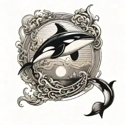 Killer Whale Jumping With Sunset Behind Him Inside The Sun Is A Chain Necklace
