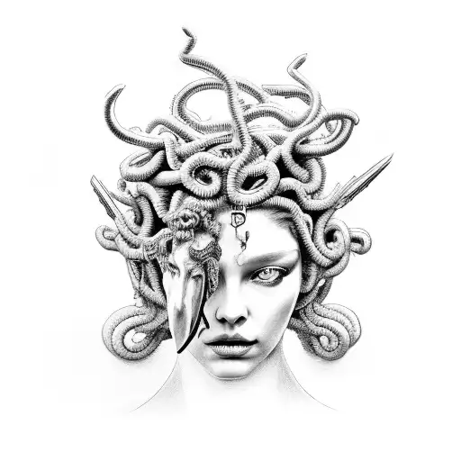 The Drawing Of Medusa Holding The Head Of Perseus In Cyberpunk Style