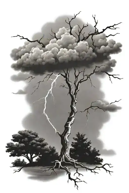 Lightning Storm Clouds With Lightning Bolts Hitting Tree