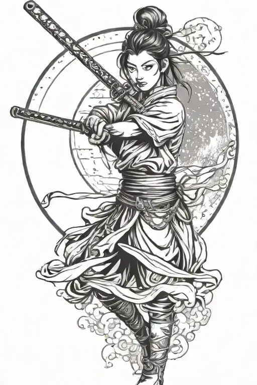 Girl With A Katana Against The Background Of The Moon