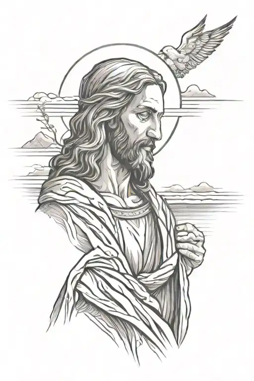 Jesus Christ Looking Down On A Landscape Tattoo Featuring