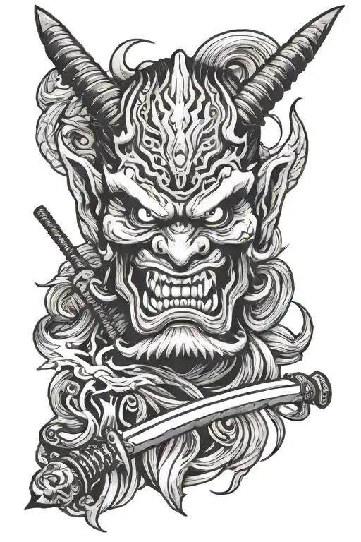 Japanese Oni Mask Split In Half With Katana