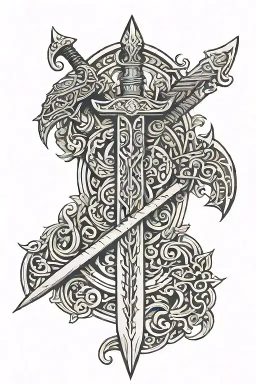 Create A Tattoo Featuring A Sword With Slavic And Norse Symbols Intertwined
