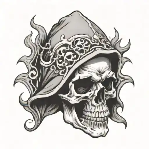 Skull Wearing Hood With Gray Flame Around
